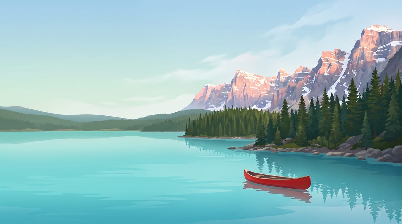 Illustration of turquoise Moraine Lake below snow-capped peaks at sunrise with a red canoe, Banff National Park, Canada